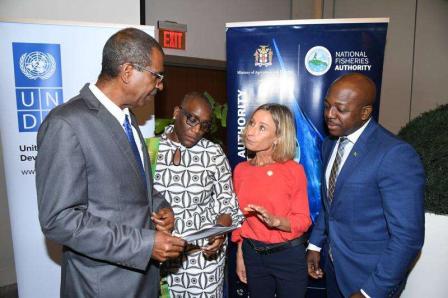 UNDP Resident Representative poses with the Minister of Agriculture and Fisheries, the head of the FIsheries Authority and the Blue Justice consultant at the launch of a Fisheries mechanism in Jamaica