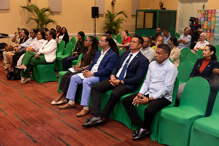 The distinguished guests in attendance during the presentations on day 1 at the closing event in Paramaribo, included Ms. Latoya Williams, representative of the EU; Mr. Riad Nurmohammed, Minister of Public Works; Mr. Marciano Dasai, Minister of ROM; and Mr. Radjendrekoemar Debie, Chairman of the Climate Change Commission
