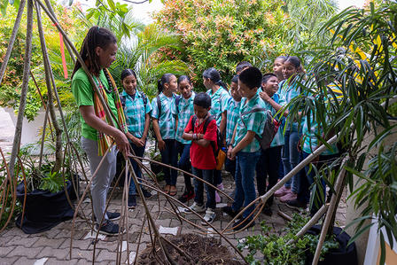 Children from primary schools from various districts in an interactive expo focused on environmental concepts such as mangrove gardens at the closing event in Paramaribo.