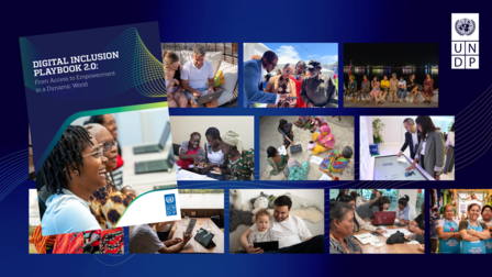 A photo collage showing the cover of the Digital Inclusion Playbook 2.0 and many other digital initiatives