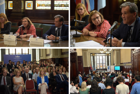 Imagen 1 (arriba izquierda): Mesa principal de un evento con varias autoridades hablando al micrófono. Al fondo se observan vitrales decorativos y detalles arquitectónicos destacados.  Imagen 2 (arriba derecha): Persona hablando al micrófono mientras otras autoridades escuchan atentamente. Al fondo, banderas y vitrales decorativos.  Imagen 3 (abajo izquierda): Público asistente al evento, compuesto por diversas autoridades, representantes institucionales y participantes atentos.  Imagen 4 (imagen de sala)