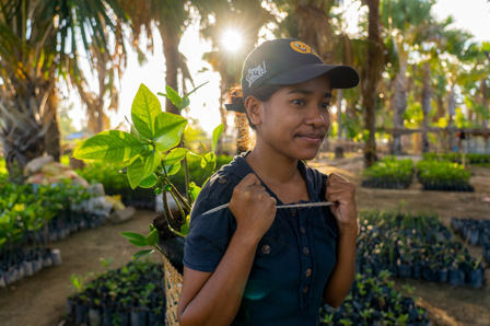 a person holding a plant in a garden