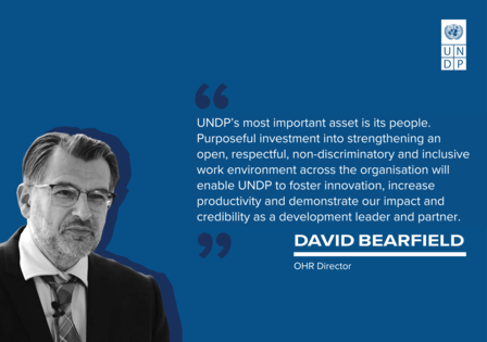 Headshot of David Bearfield, UNDP Chief Director, with a blue background and quotation.