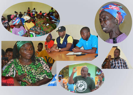 A collage of diverse individuals engaged in discussions, showcasing various emotions and attire.