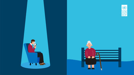 A split illustration showing a man on a chair looking at his phone, and an elderly woman sitting on a bench.