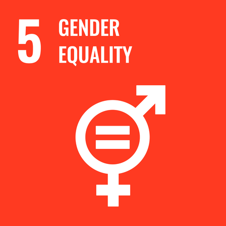 Red background with the symbol for gender equality and the text "5 GENDER EQUALITY."