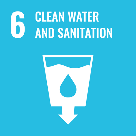 Logo depicting clean water and sanitation, featuring a glass of water with a drop.