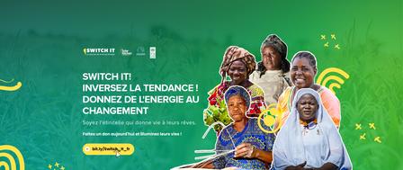 A vibrant graphic featuring five women smiling, surrounded by greenery and agricultural elements.