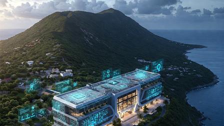 Futuristic building on a hillside with digital displays and ocean view at sunset.