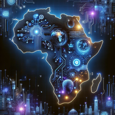 Outline of Africa illuminated with blue and orange technological designs and circuits.