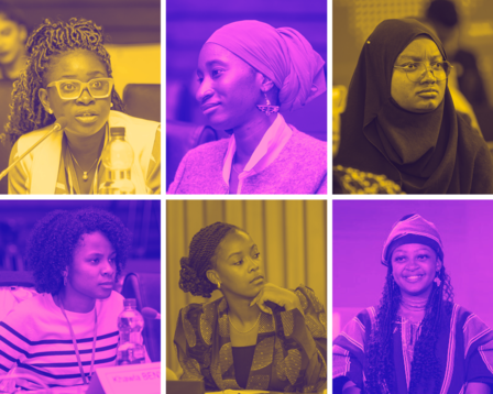 Collage of six women with diverse expressions and styles, overlaid with purple and yellow tones.