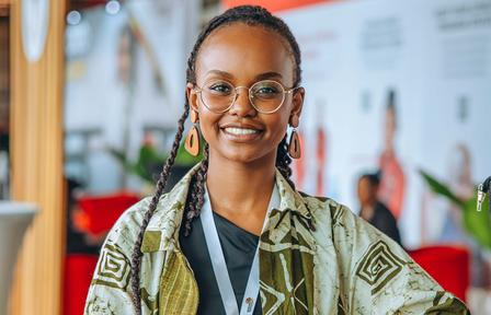 Smiling woman with glasses and braided hair, wearing a patterned jacket in a bright setting.
