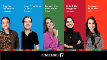 Five individuals standing in colorful backgrounds, representing different countries with their names below.
