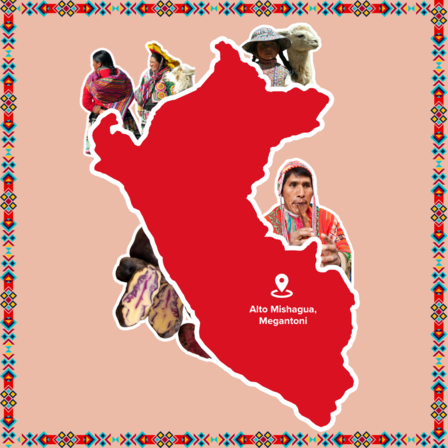 Map of Peru in red, decorated with traditional figures and patterns.