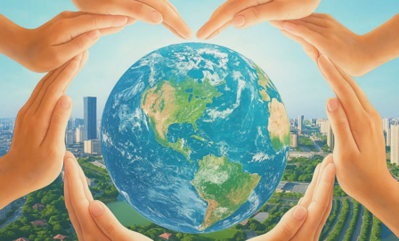 Hands surrounding a globe, symbolizing care for the planet against a city backdrop.