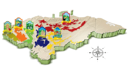 Topographical map highlighting regions with colorful markers and a compass rose in the corner.
