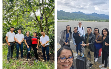 Group of people posing outdoors in two settings: one in a forest, the other by mountains.