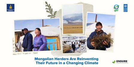 Mongolian herders in traditional attire, surrounded by nature and their livestock, showcasing resilience.