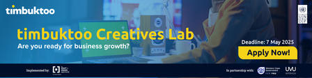 Promotional graphic for Timbuktoo Creatives Lab with text about business growth and an application call.
