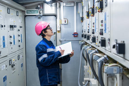 A technician in a pink hard hat checks equipment and takes notes in a control room.
