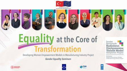 Banner featuring diverse individuals and the text "Equality at the Core of Transformation."