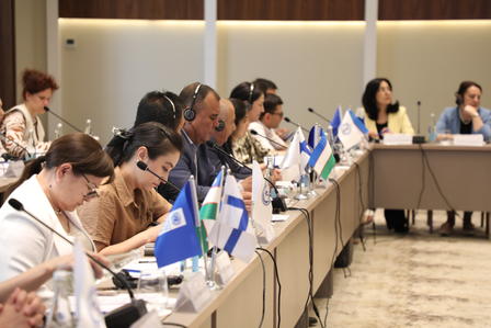 Conference participants attentively engage, with flags representing various countries displayed.