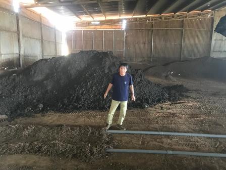 A man stands on the ground in a large indoor space with a pile of dark soil behind him.