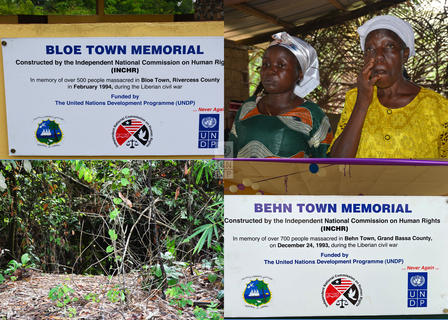 Two memorial signs titled "Bloe Town Memorial" and "Behn Town Memorial," with two women in conversation.
