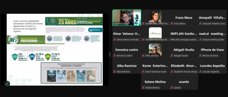 A virtual meeting display showing a presentation screen and participant thumbnails.
