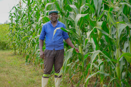 A farmer stands in a lush cornfield, smiling and wearing a blue shirt and hat.