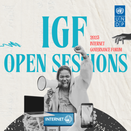 Graphic promoting the IGF Open Sessions with a joyful speaker, laptop, and the UNDP logo.