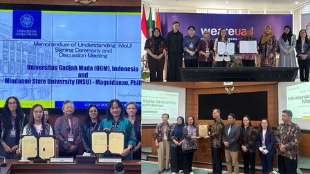 Collage of three groups at a signing ceremony, showcasing certificates and officials at a conference.