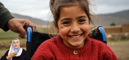 A young girl in a red sweater smiles while sitting in a wheelchair outdoors.