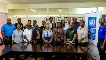 A group of diverse people posing together in a room with a UNDP banner.