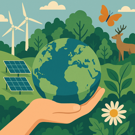 A hand holds a globe amidst green trees, solar panels, a deer, and a butterfly.