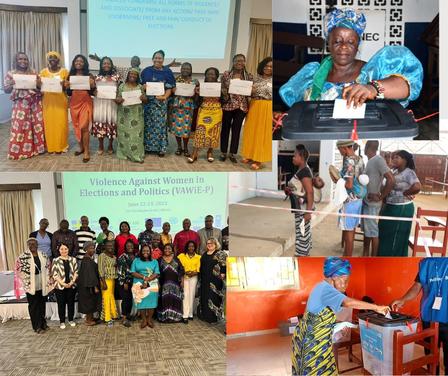 Collage of women participating in an event, receiving certificates, and voting activities.
