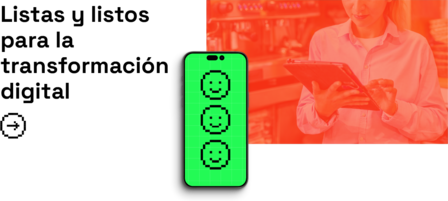 A green phone displaying three smiley faces next to a woman using a tablet in a store.