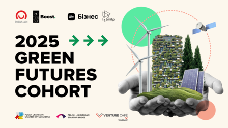 Hand holding a green cityscape with wind turbines and solar panels next to the text "2025 Green Futures Cohort."