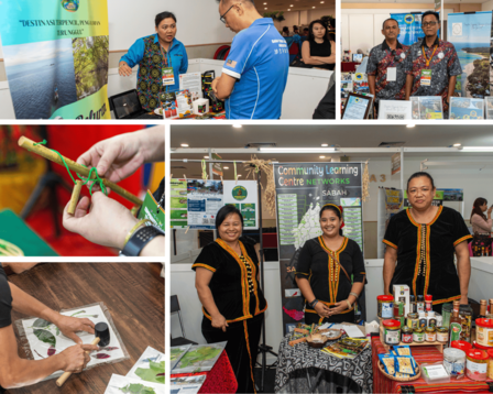 Collage of people at a cultural exhibition showcasing crafts, food, and products.