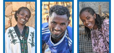 Three cheerful individuals posing in front of textured backgrounds, each wearing distinct clothing.