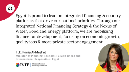 A quote from H.E. Rania Al-Mashat about Egypt's financing strategies, with her portrait.
