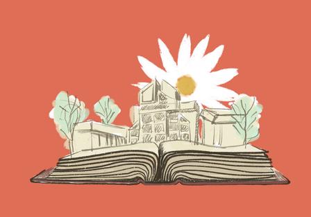 An open book with a drawing of a building, trees, and a flower against a coral background.