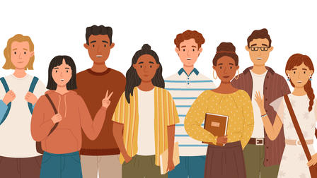 A diverse group of eight young people stands together, smiling and posing, in casual attire.