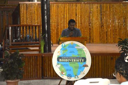 A person stands at a podium speaking, with a vibrant biodiversity-themed display nearby.