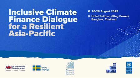 Banner for an event titled "Inclusive Climate Finance Dialogue," featuring dates and location.