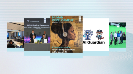 A series of thumbnails, featuring the APAC HDR consultation, MOU signing between AI Singapore and UNDP, the cover of the 2025 Human Development Report, AI Guardian logo, and participants at the FOSS for Good executive programme.