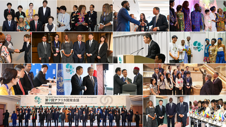 A collage of various formal events, featuring diverse groups of people engaging in discussions and presentations.