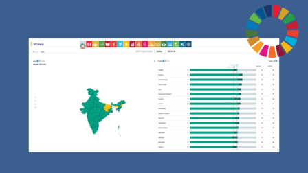 Dashboard with a green map of India on the left, a data panel on the right; blue background.