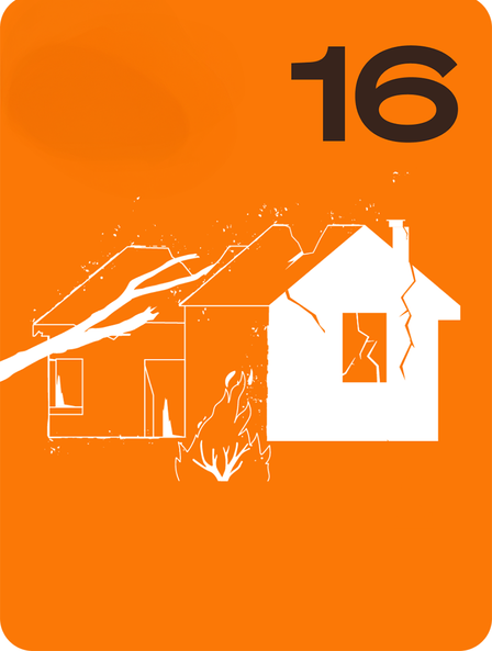Orange background with white line drawing of a house and trees; the number 16 in black.