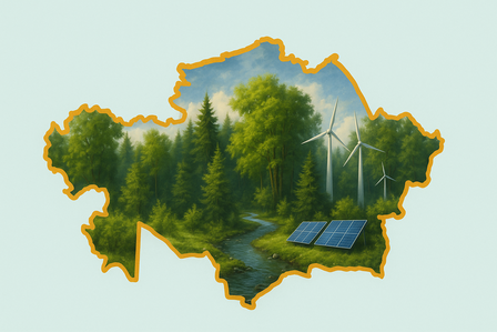 Outline map filled with a forest scene showing trees, a stream, wind turbines, and solar panels.